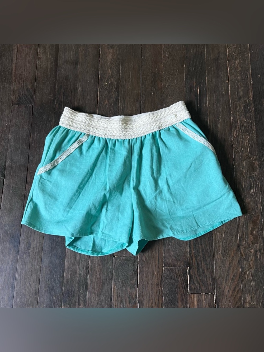 Turquoise Shorts with Crochet Trim